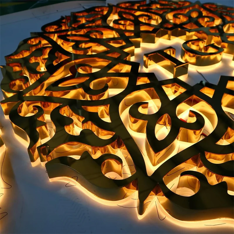 Stainless Steel Brush Mirror Gold Customized Led Round Sign Backlit Electronic Signs Outdoor Luminous Signs