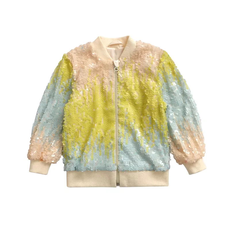 Fancy Spring Kids Top Tie Dye Sequined Long Sleeve Rib Cuff Hem Bomber Jacket Zipper Reversible Sequin Coat For Girl