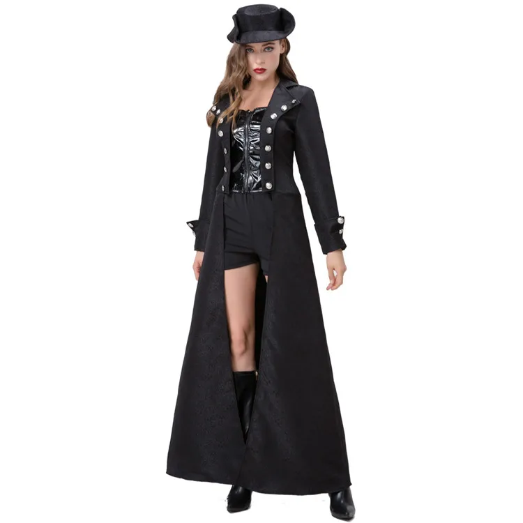 2023 New Carnival Cosplay Medieval Steam Punk Zipper Women Long Vintage Black Costume Outfit