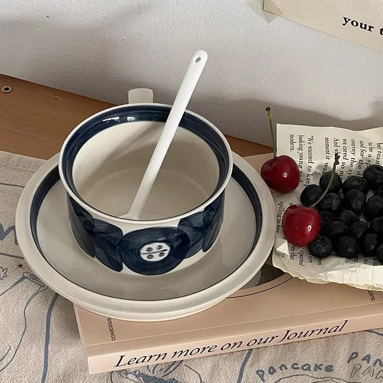 Longstar New Style Coffee Cup Hand-painted Blue Anemone Flower Ceramic Mug Saucer Set