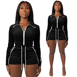 fall lounge wear 2022 Custom logo Wholesale Crop Velour Two Piece Tracksuit Zip Up Sweatshirt Shorts Set velvet Women clothes