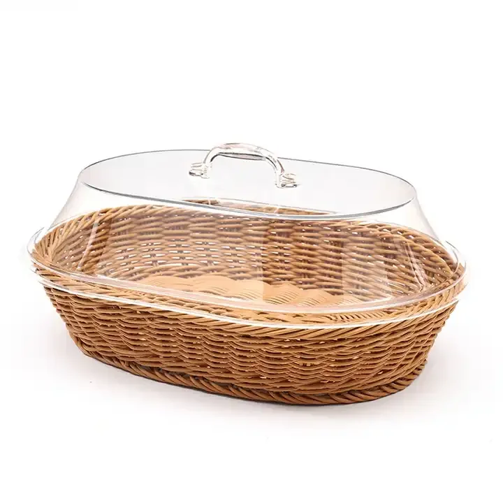 Kitchen food bread woven plastic woven basket small fruit PP rattan oval storage basket with lid plastic tray