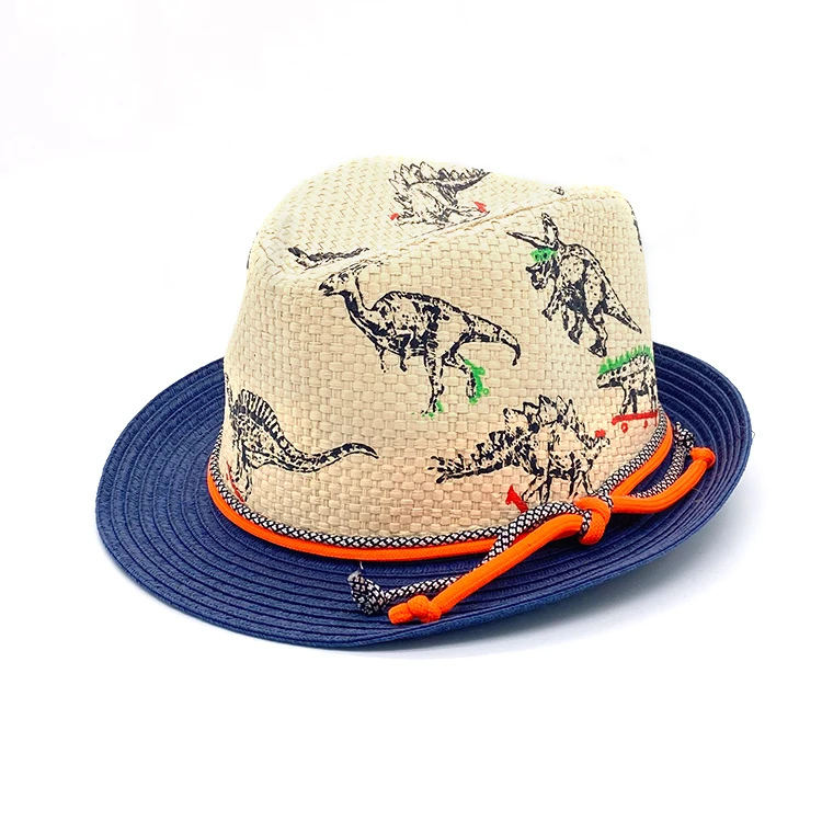 Разноцветная детская Соломенная пляжная шляпа с принтом динозавра, Федора с полосатой лентой