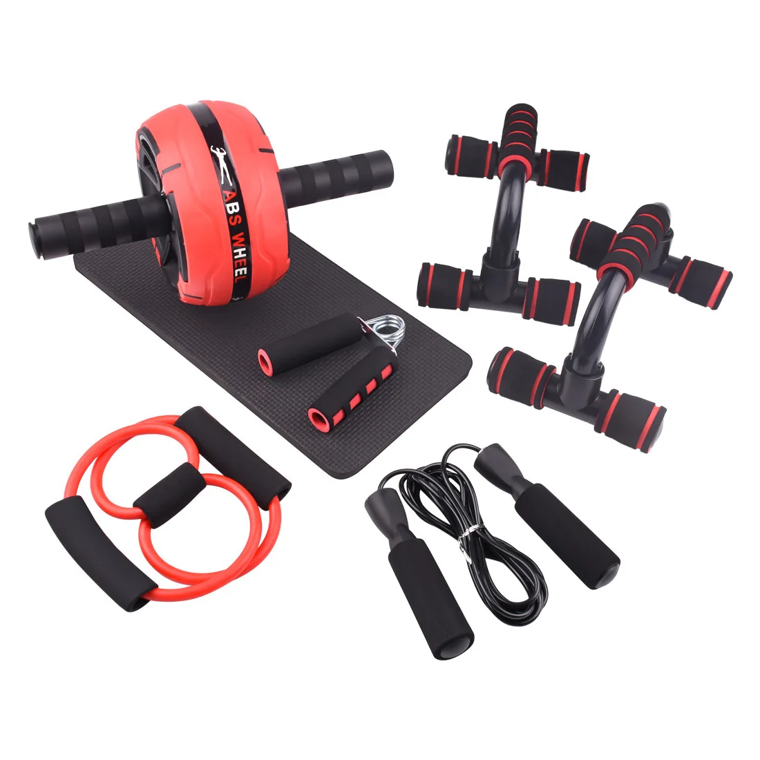 Home Fitness 7 in 1 Gym Muscle Trainer AB wheel roller set with push up stand jump rope resistant band hand grip