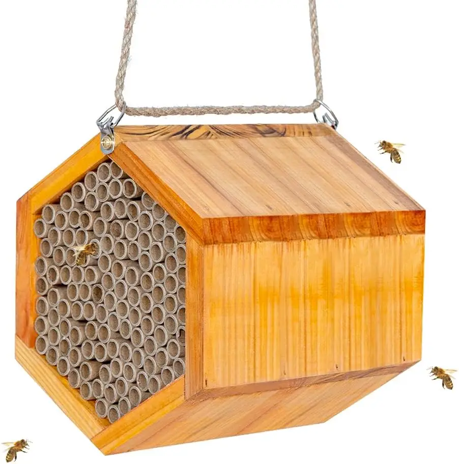 Bee Houses Outdoor Wooden Bee Hotel Garden and Yard Hand-Made Bamboo Bee Hive for Butterflies and Ladybugs