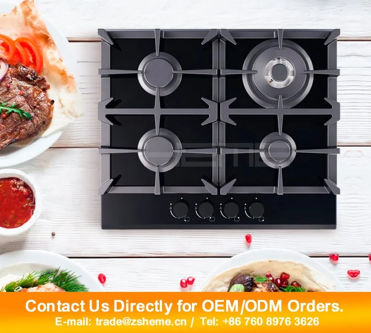 Custom Build in 4 SABAF Burner Gas Hob Black Tempered Glass Cocina a Gas