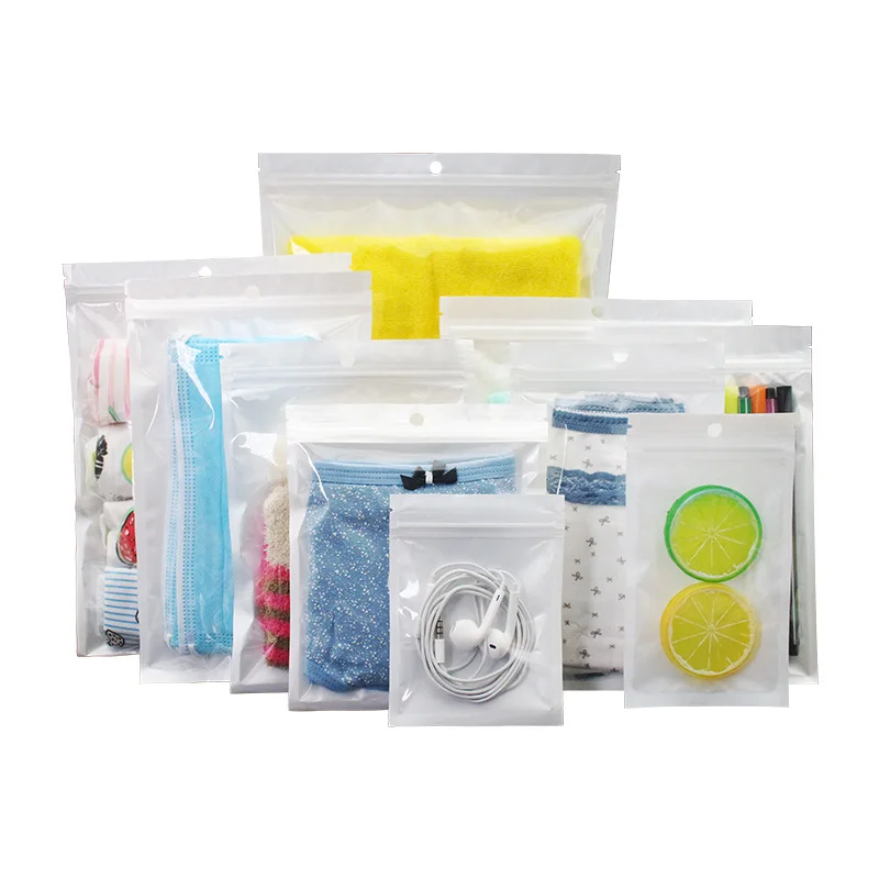 Wholesale Reusable Clear Front White Back Zip lock Bag Mylar Food Packaging Pouch With Hanging Hole