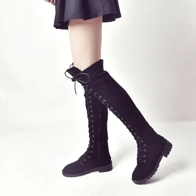 B22980A Europe fashion Plus size Cross lace-up thigh boots shoes Side zipper boots