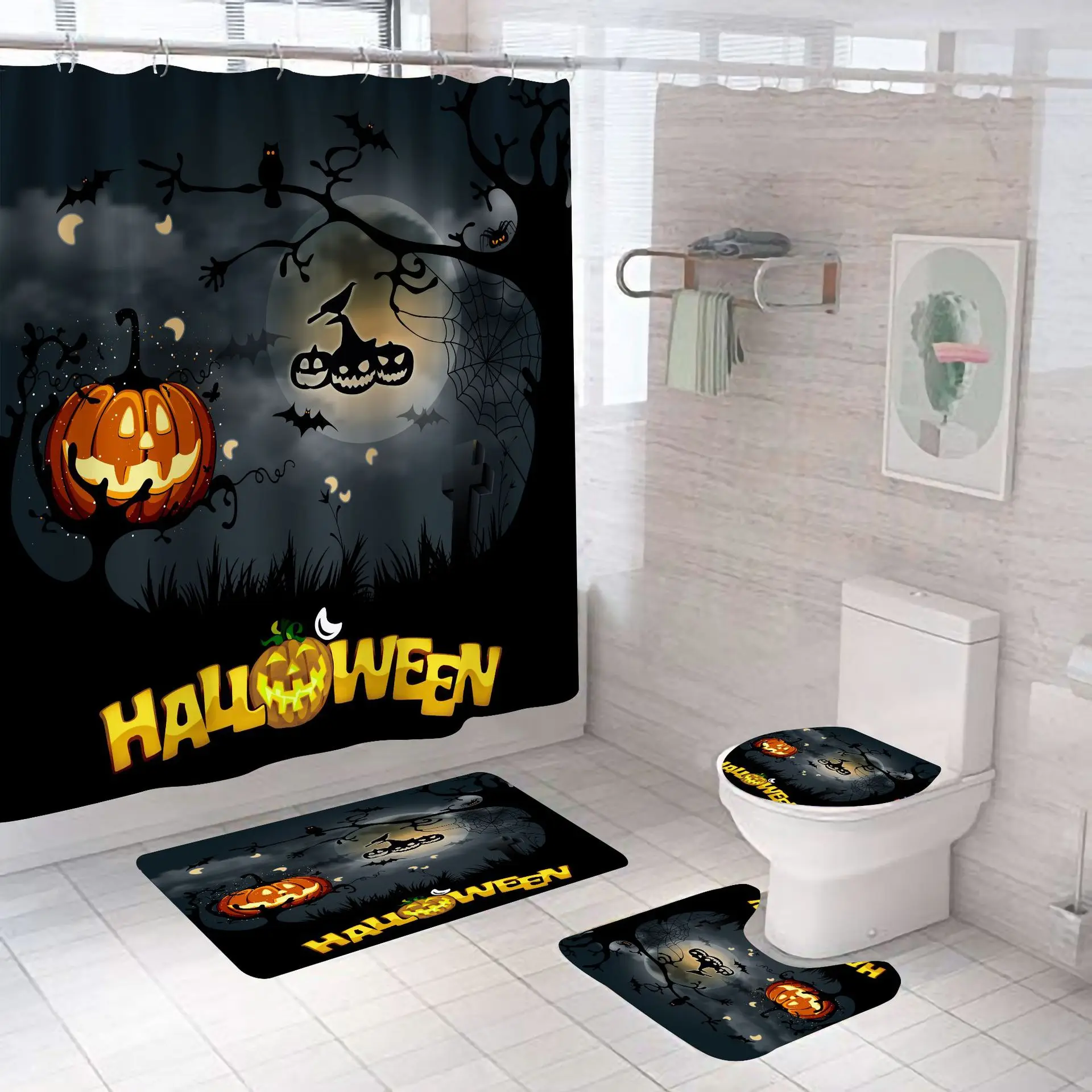 
4pcs Set Halloween Pumpkin Series Printing Shower Curtain With Non-slip Rugs Toilet Cover Mat And Bath Mat With Hooks 