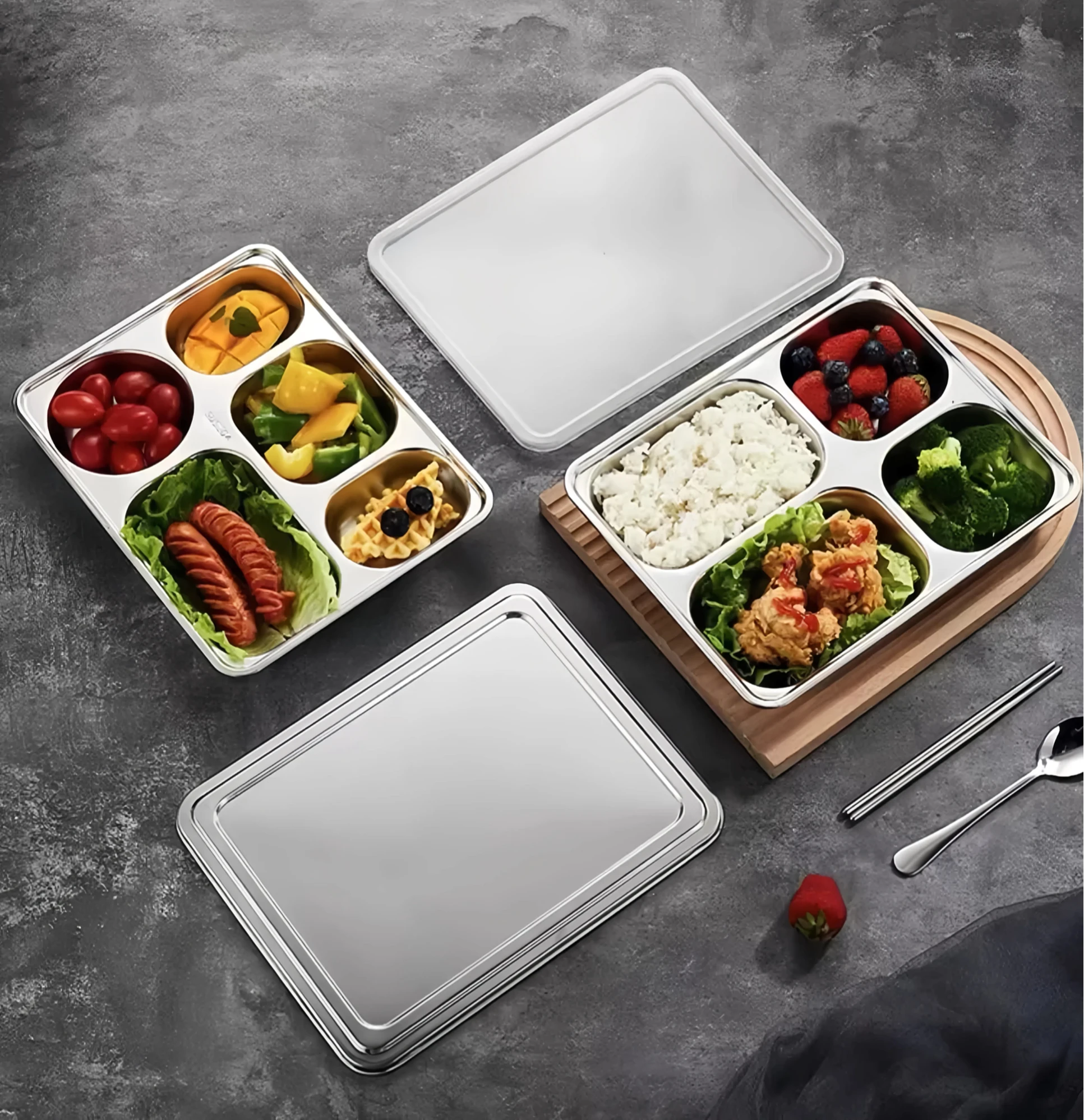 10 Inch  Stripe Chip Resistant Chinese Restaurant Stainless Steel Divided Dinner Plates Wholesale Sets For 12