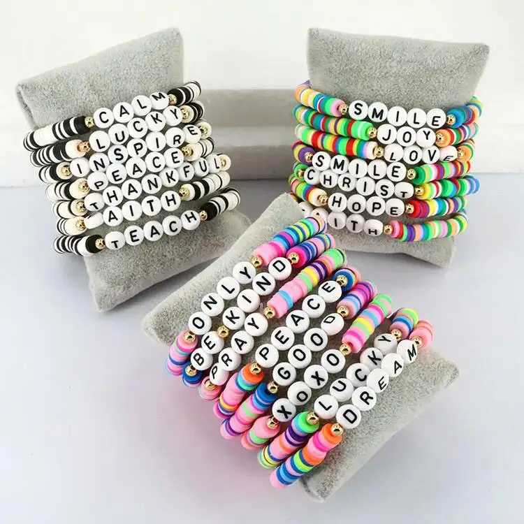 European and American Bohemian Colorful Rainbow Polymer Clay Bracelet Disc Heishi Beaded Words Initial Letters Bracelet Custom