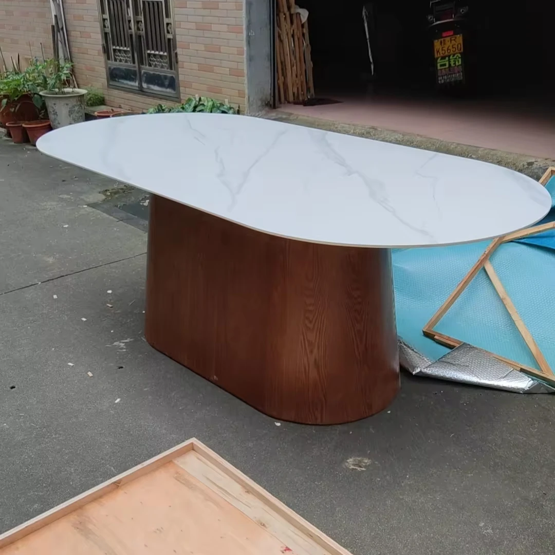 2024 New Designer Modern factory customization wooden leg top oval white sintered stone marble dining table