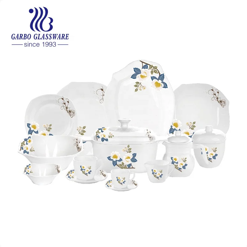 Elegant tableware pure white vivid custom flower printing 36pcs square opal glass dinner set tableware dinning plate bowl set