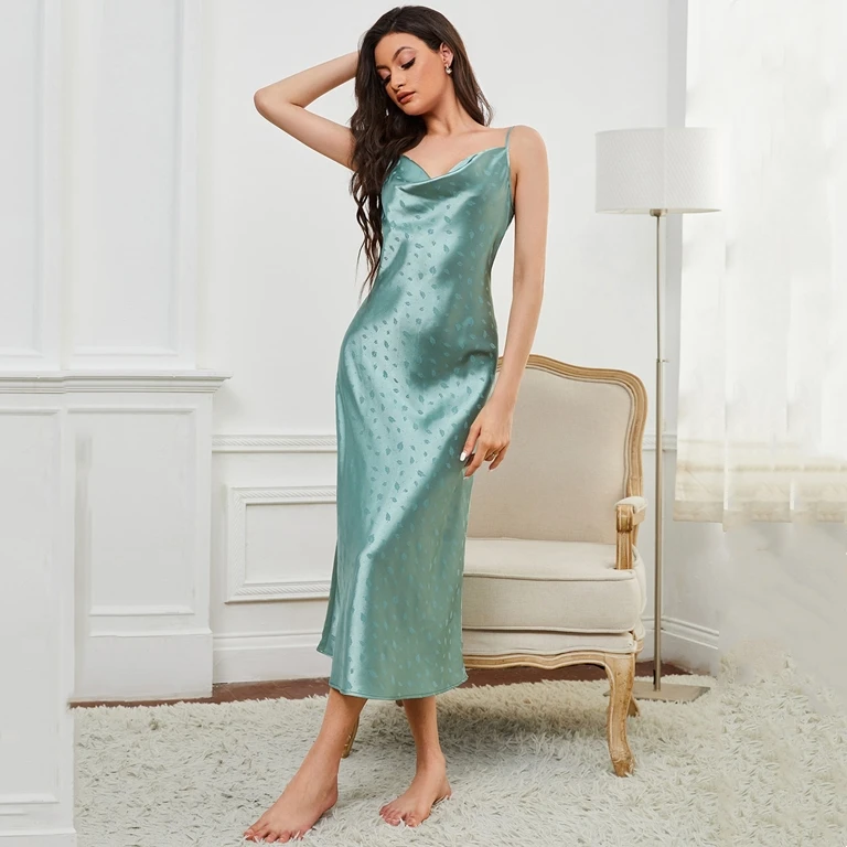 Custom Silk Night Gown Spaghetti Strap Nighty Leaf Jacquard Draped Collar Cami Satin Night Dresses for Woman