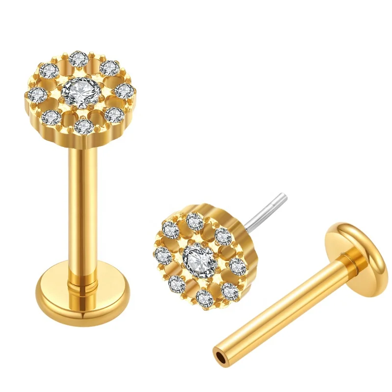 ASTM F136 Titanium Threadless Push Pin 14k solid gold labret Piercing Jewelry