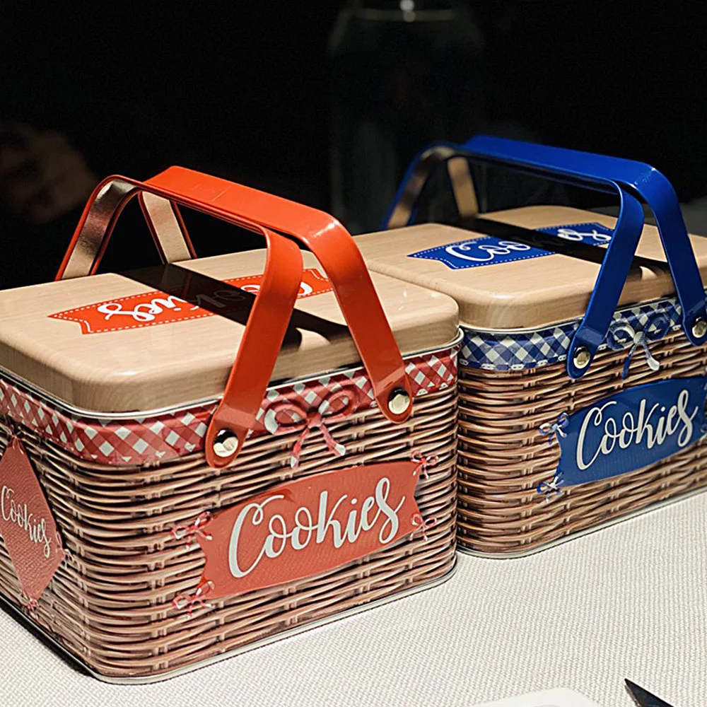 Personalized Airtight Vegetable Basket Shape Wedding Gift Metal Cookie Chocolate Container Rectangle Tin Box With Handle