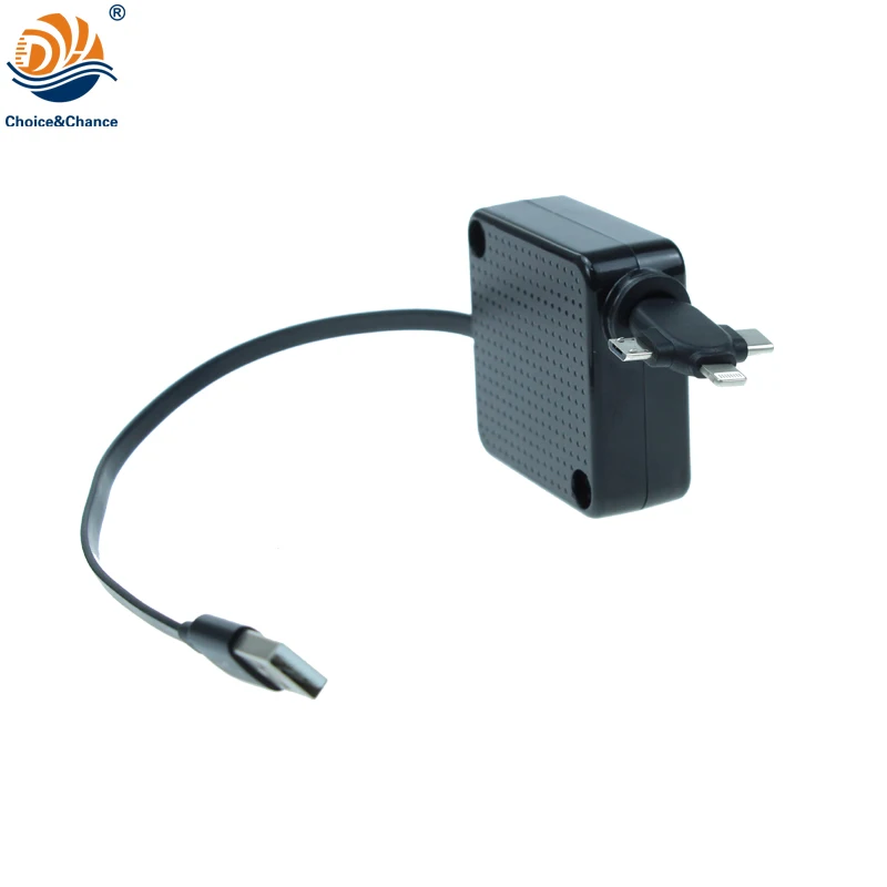 3 in 1 phone charger one way pull out retractable cable reel tangle free