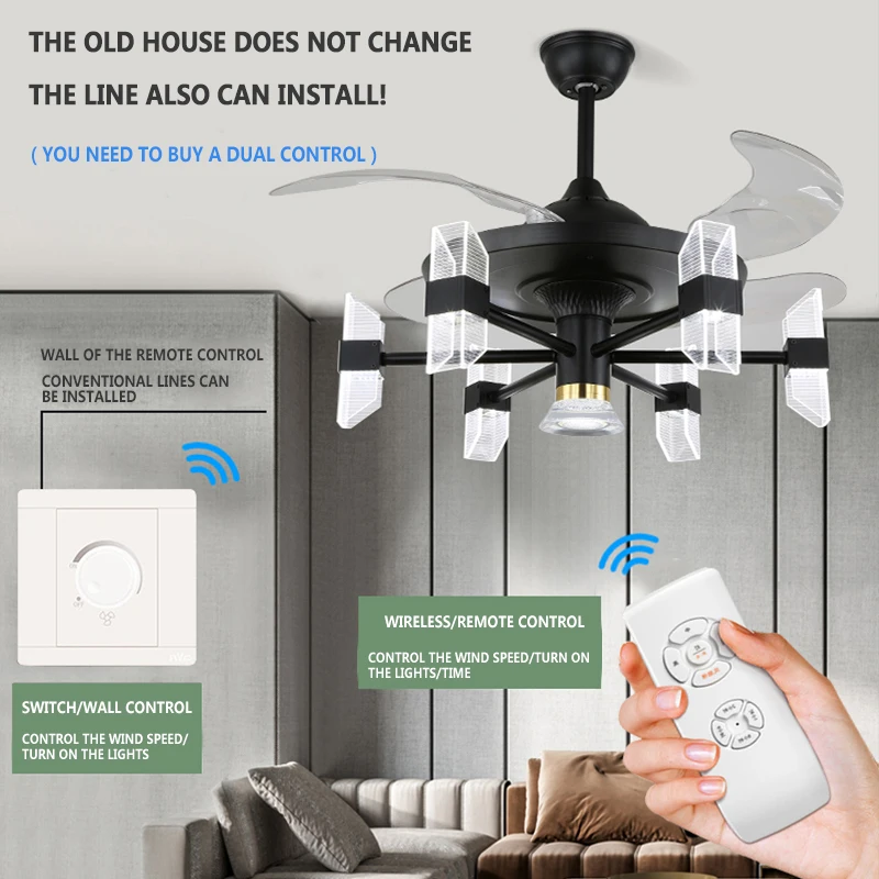 Bedroom Living Room F9701 Quiet DC Motor 6 Speed Retractable Ceiling Fan with Light