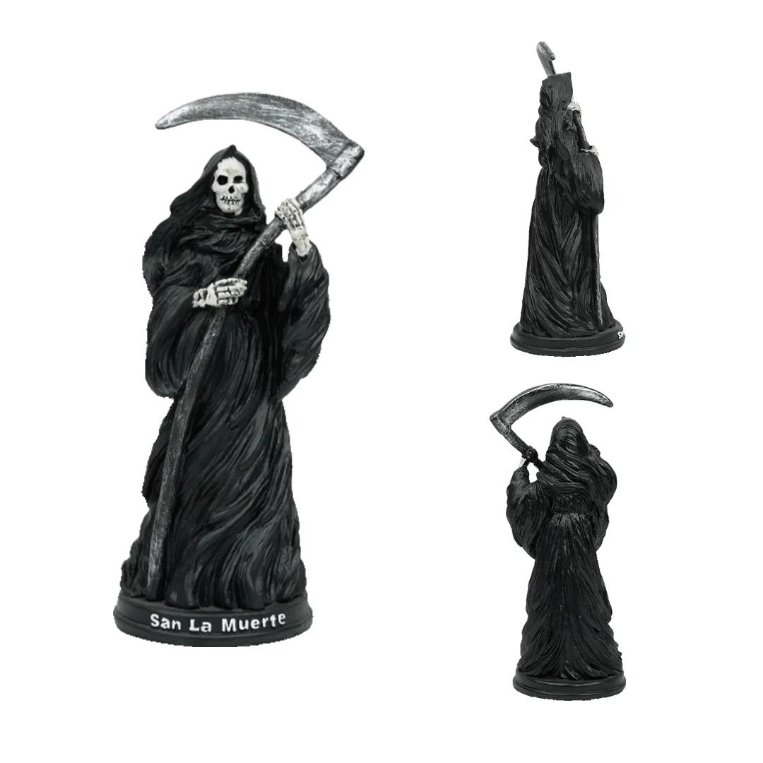 Holy Death Religious Robe | Skeleton Statue Standing Santa Muerte Holding Scythe and Scales of Justice with Wise Owl Figurine