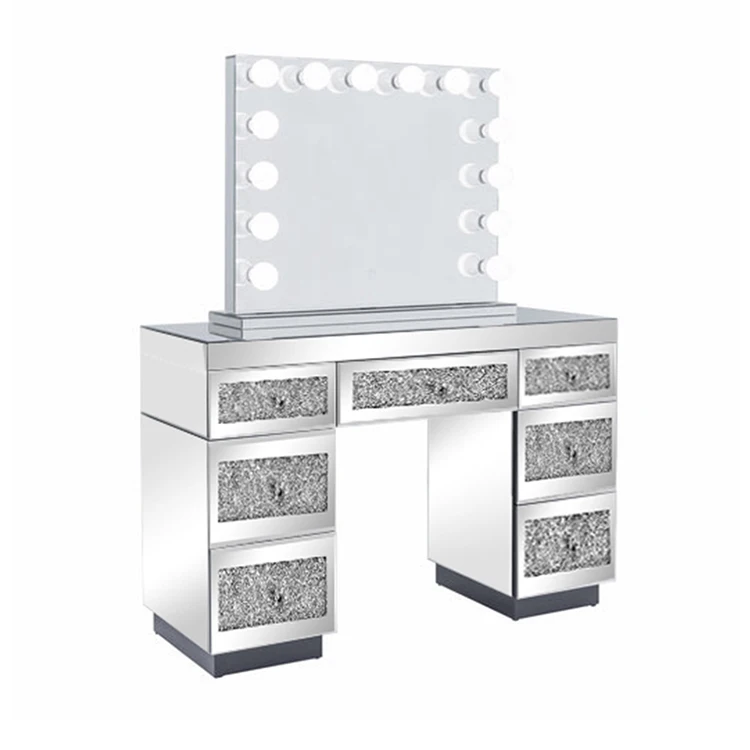 Luxury Crushed Diamond Makeup Table Vanity Dresser Set Mirrored Dressing Table with Mirror and Drawers