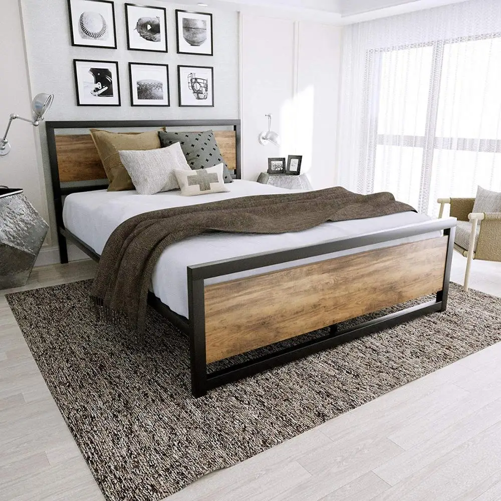 
Full Size Metal Bed Frame with Wood Headboard Platform Bed Frame Strong Slat Support Easy Assembly 