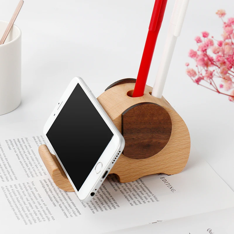 Elephant shape wooden pen holder office desk accessories wooden pencil holder with mobile phone/iphone stand holder