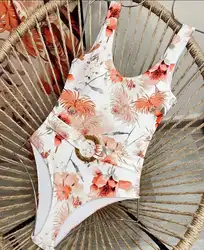 2022 New Women Straw Ring Belt Printed One Piece Swimsuit and Flared Sleeve Chiffon Cover Up Floral Print Beachwear Swimwear