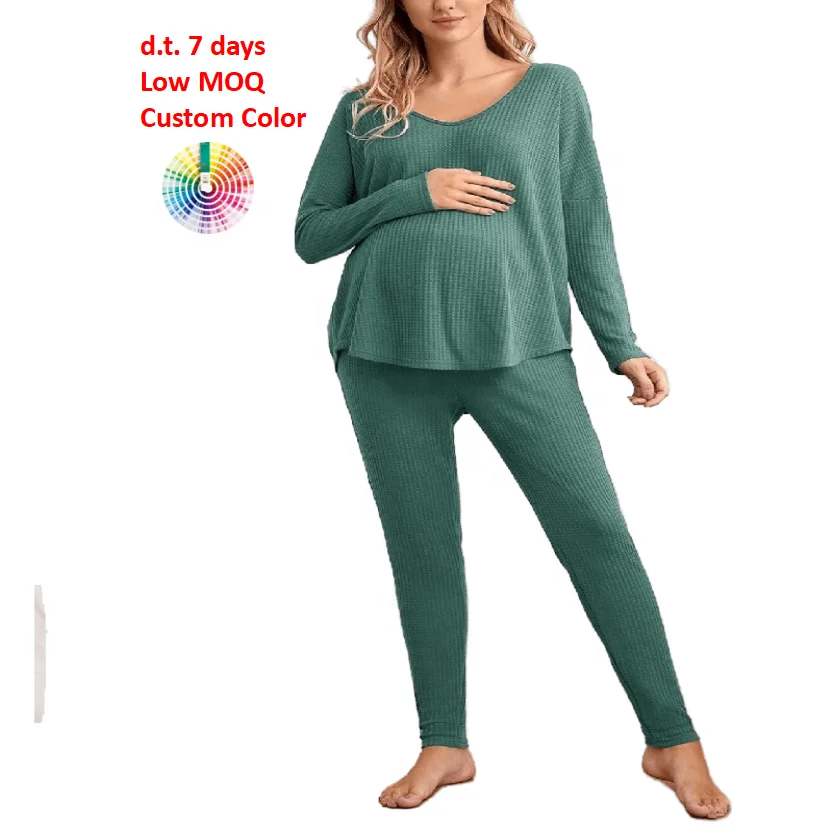 
M041 Solid Waffle Knit Long Sleeve Loungewear Plus Size Maternity Two Piece Pijama Set 