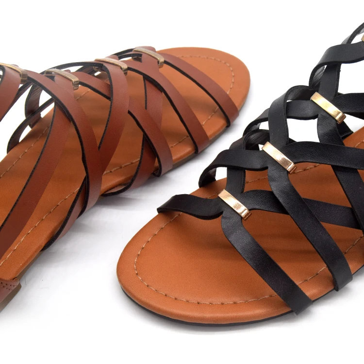 Summer shoes women 2023 wholesale beautiful black brown color open toe buckle strap ladies flat heels sandals