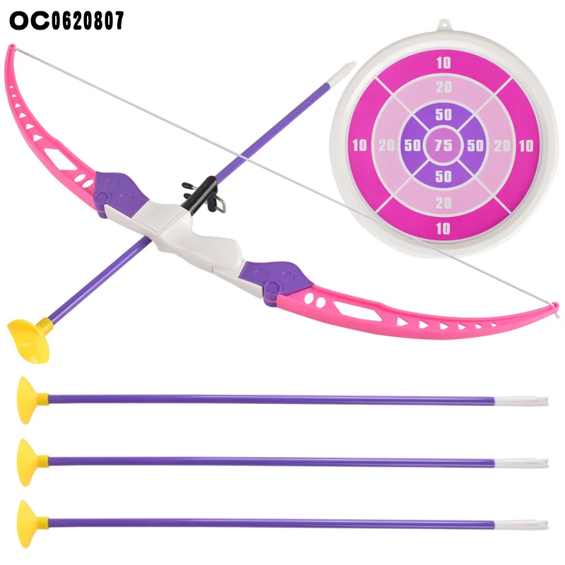 Girls pink shooting target plastic archery bow and arrow game toy for kids