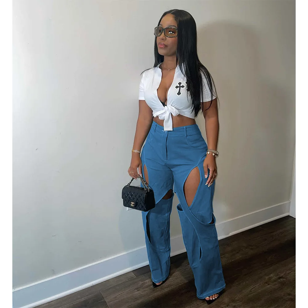Fashion casual cut out hollow cotton high waist wide leg pants straight pants