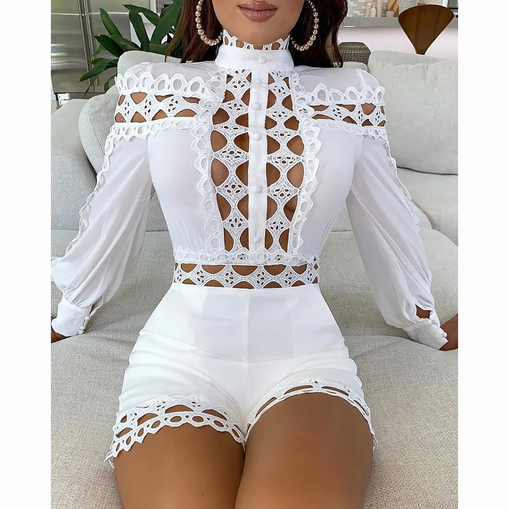 2021 Skinny Hollow Long Sleeve Jumpsuit Lace Tunic Long Sleeve Jumpsuit