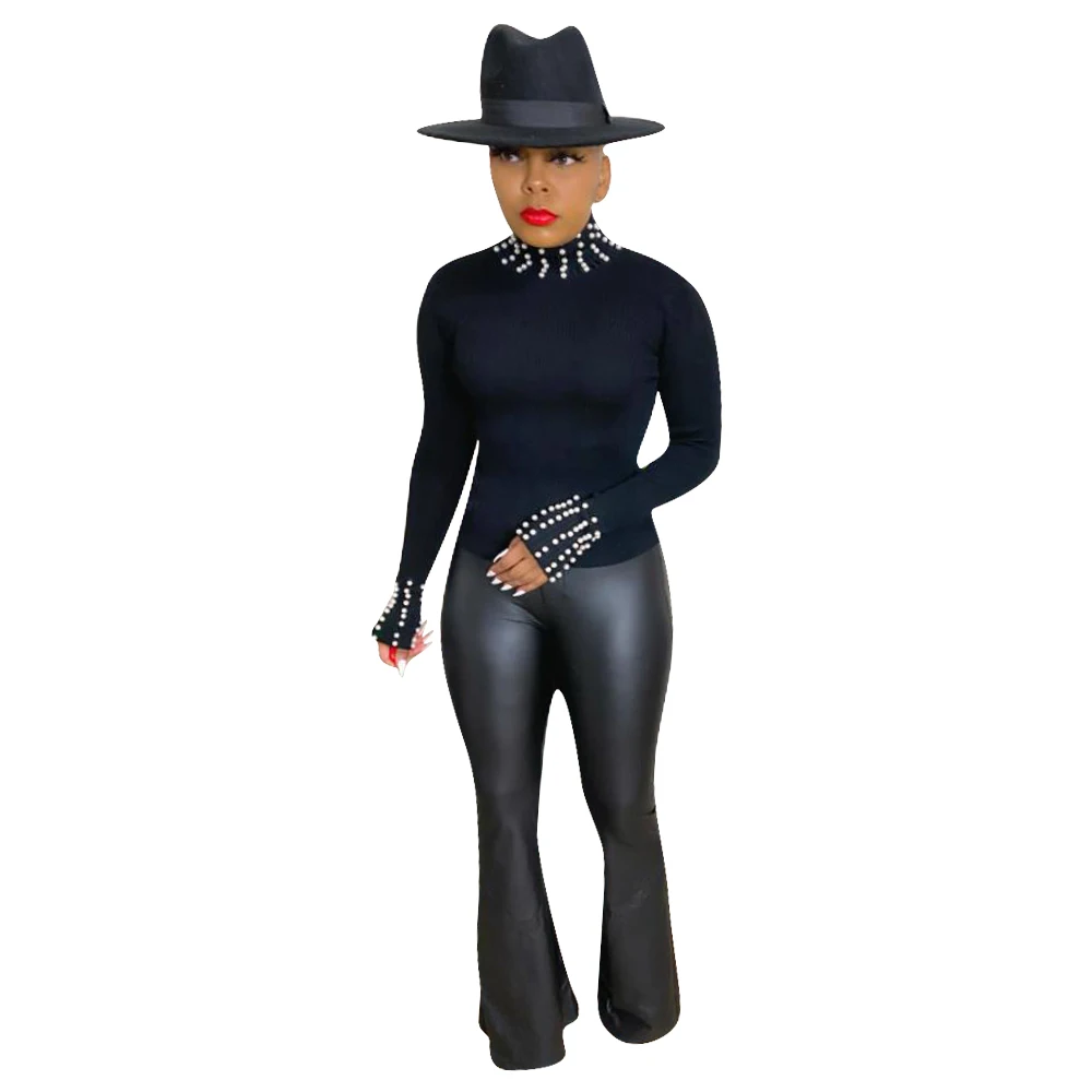 Winter pearl ribbed elastic high neck long sleeve crop top shirt