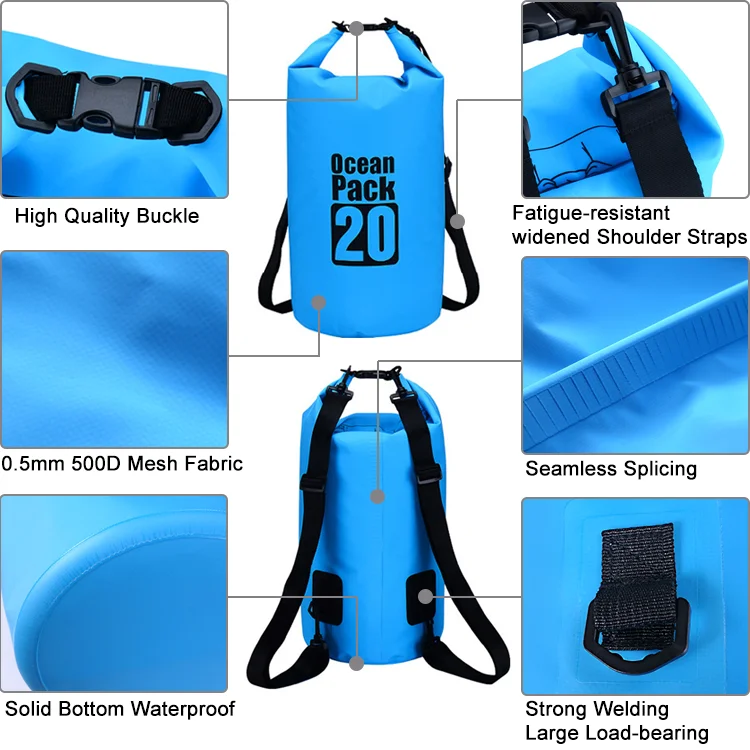 Customized 20L PVC Dry Bag Portable Foldable Wet Waterproof Backpack Outdoor Sports Hiking Trekking Beach Fishing Dry Bag