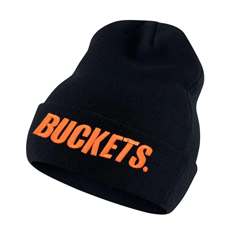 2022 Winter Knitted Caps Bucket Embroidery Warm Black Cuffed Acrylic 3D Embroidery Wholesale Custom Beanie Hat For Men