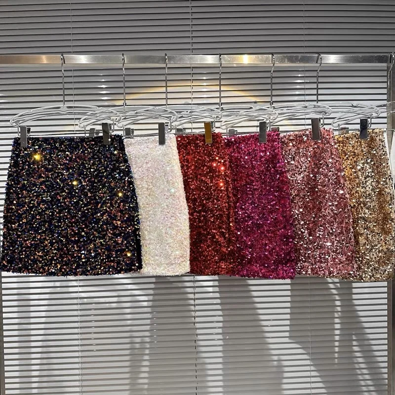 OUDINA Hot Sale Wholesale Nightclub Crystal Rhinestones Sequined Shiny Short Skirt Sequin Mini Ladies Skirts