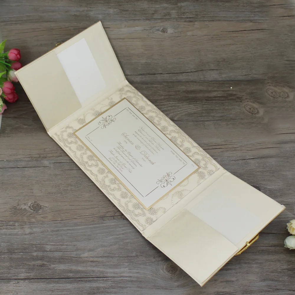 Wholesale Elegant Gold Foil Handmade Ivory Silk Wedding Invitation Folio and fabric hardcover invitation cards with buckle