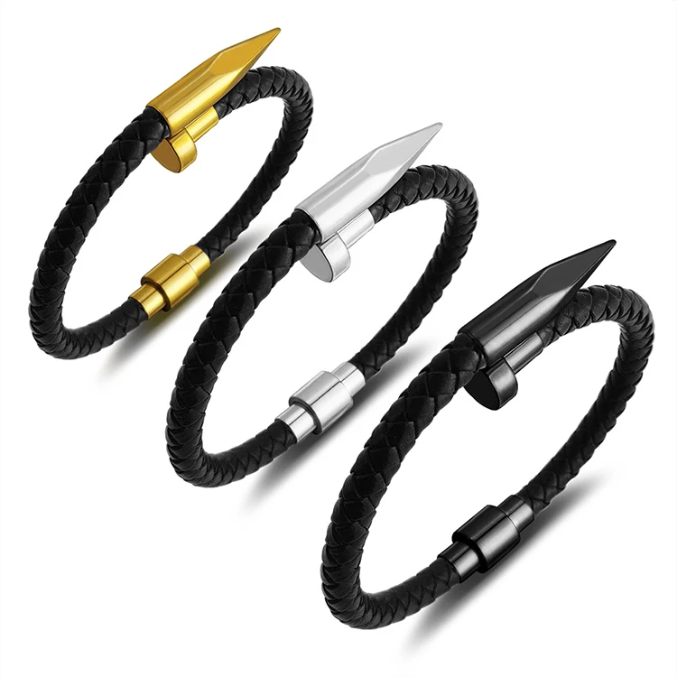 Fashion leather rope stainless steel cuff nail bangle magnetic clasp braided leather nail bracelet men