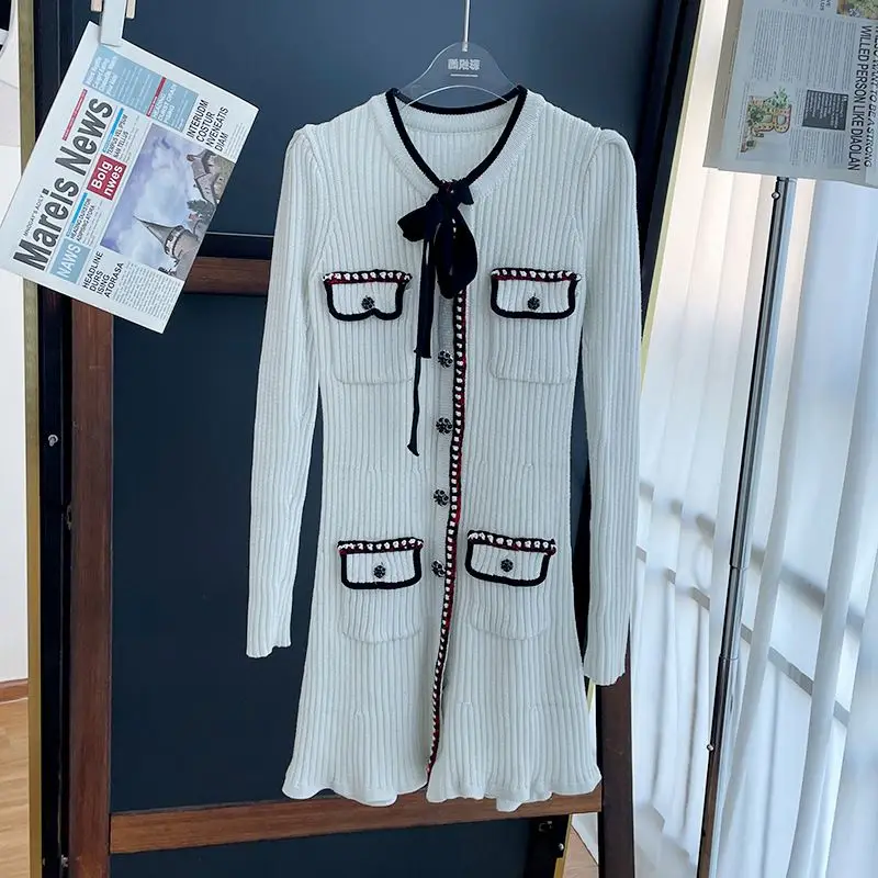 BetterGirl Delicacy Vintage French Style Beads Button Lady 2023 Long Sleeve Bow Tie Women Skinny Knit Mini Dress