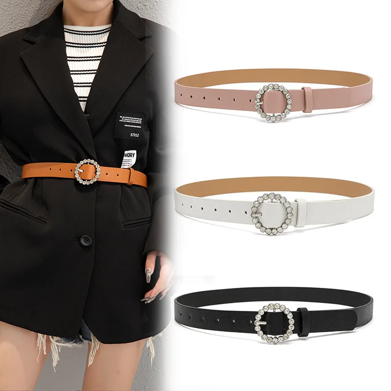 RS295 New Ladies Belt Elegant Texture Belt Women Pu Round Japanese Buckle Inlaid Brick Belt