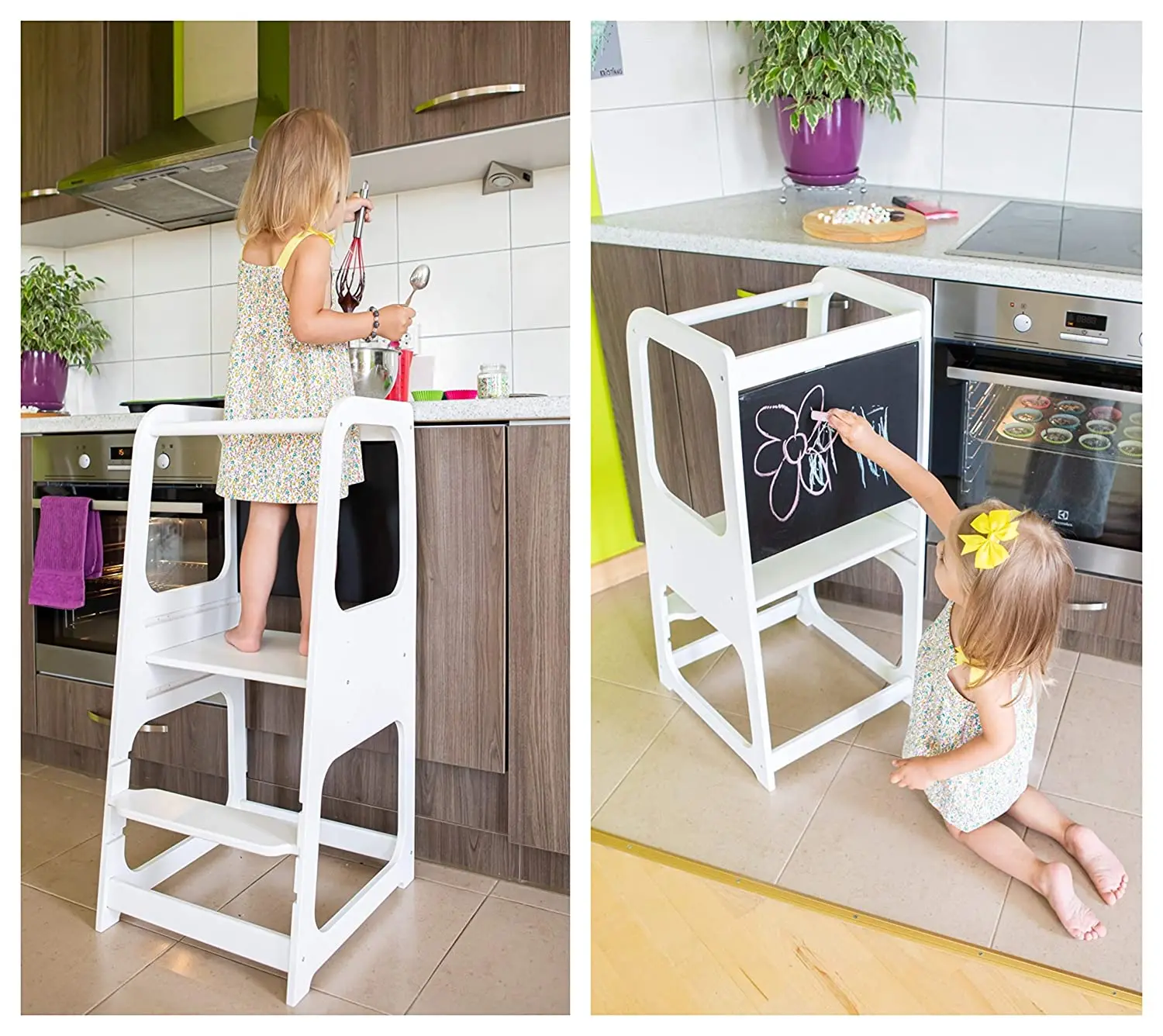 Bamboo Learning Tower with Blackboard Child Standing Kitchen Step Stool With Adjustable