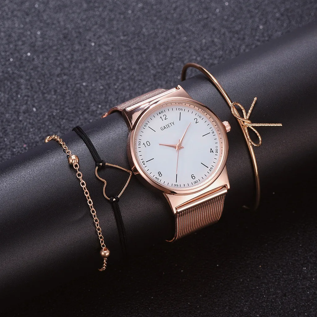 Quartz Wristwatch Alloy Strap Ladies Casual Round Rose Gold Watches Bracelet Set Fashion Jewelry Accessories