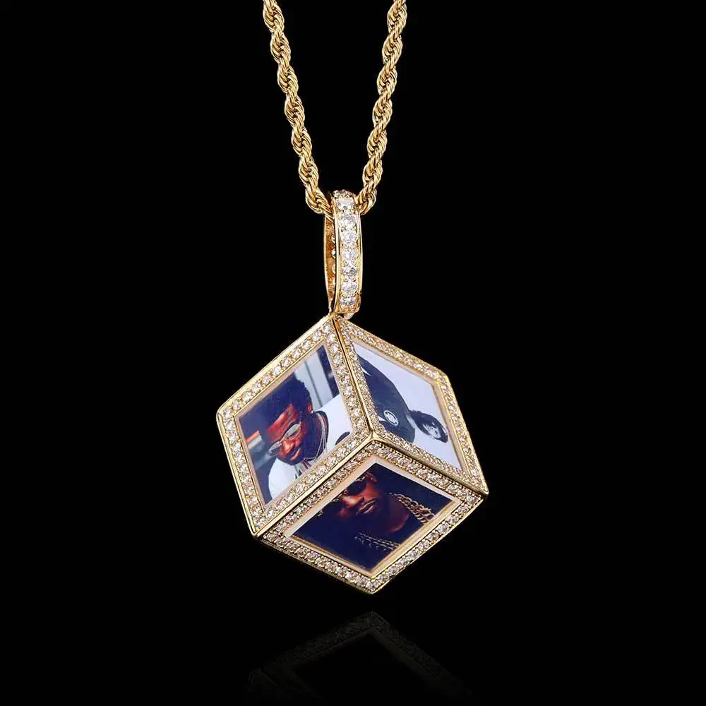 Customizable Brass Cube Pendant Photo Necklace Trendy Hip Hop Ice out Necklaces with Family Personalized Portrait for Weddings