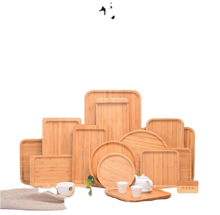 Round square shape high-end bamboo hotel tray Household dessert barbecue fruit salad plate wooden tea food plate dish