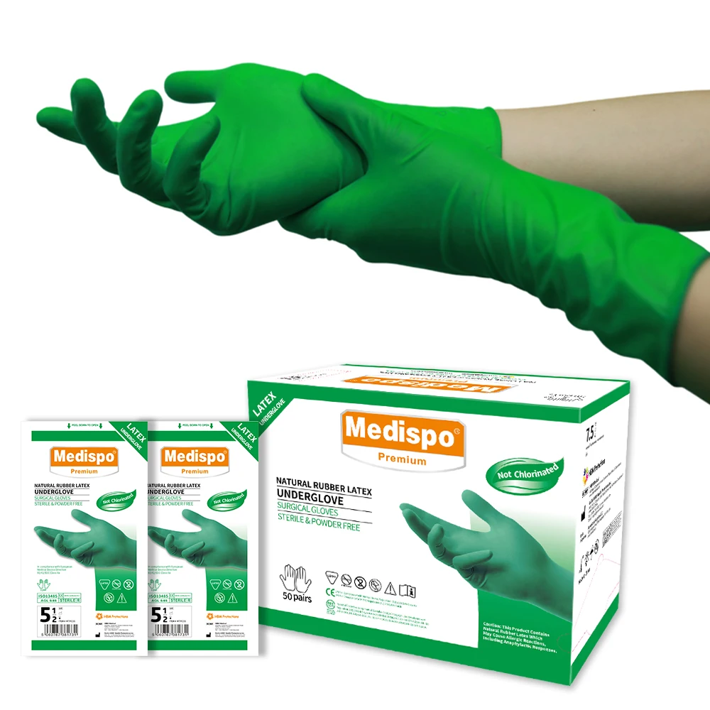 Medical grade single-use natural rubber latex hospital surgical green hand gloves