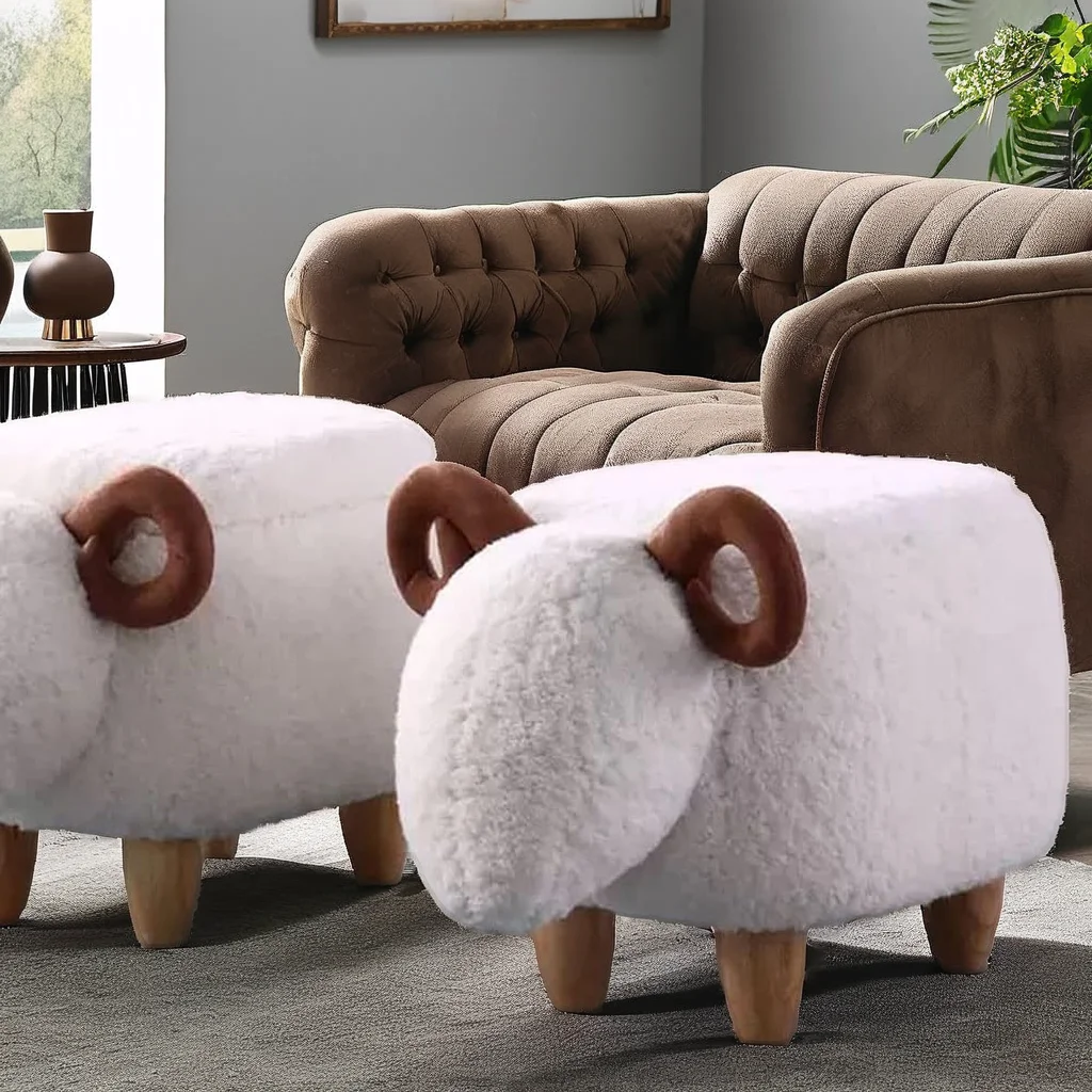 Animal-Shaped Soft Cushion Ottoman Bench Wooden Entry Footstool Step Stool for Living Room or Dormitory