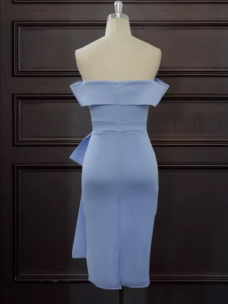 Knee Length Blue Slim Tube Top Off Shoulder Lady Evening Dress Factory