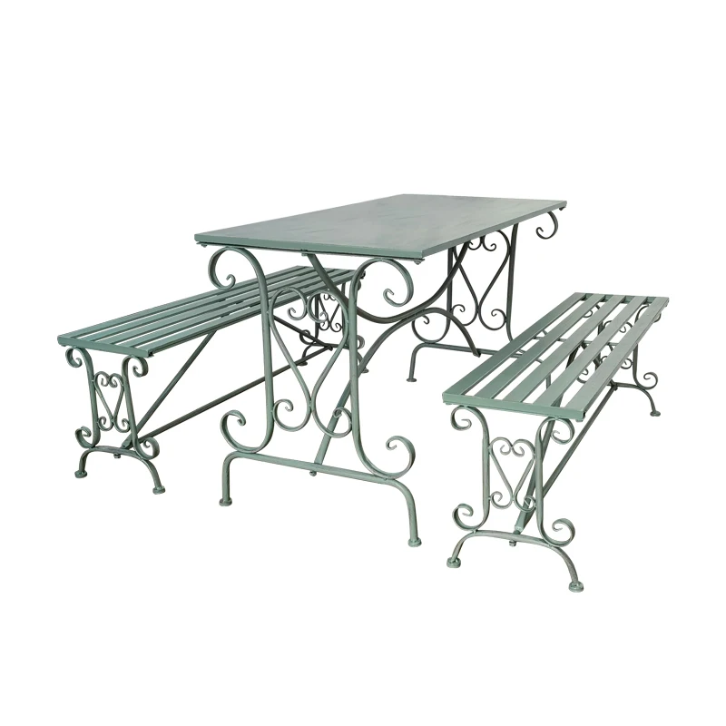 Vintage Courtyard Garden Patio Table and Benches Outdoor Balcony Metal Double Table & Chair Set