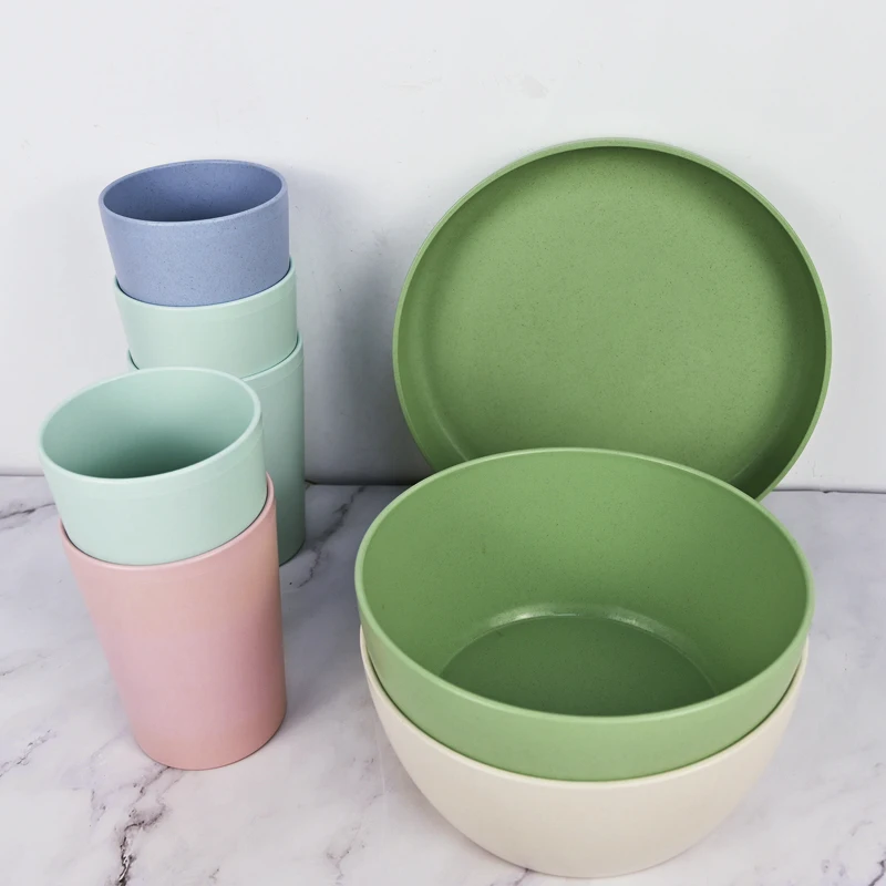 3pcs wholesale custom dinner sets biodegradable wheat straw Bowls plate and cup homeware