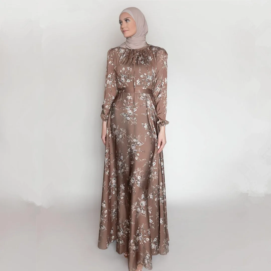 Crew neck turkish long dress muslim islamic clothing  floral print long sleeve maxi muslim women dress